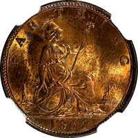 Great Britain Victoria Bronze 1862 Farthing NGC MS64 RB Small " 8 " KM# 747.2