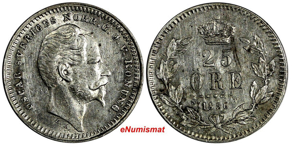 SWEDEN Oscar I Silver 1856 S.T. 25 Ore KM# 684 (15 567)