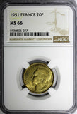FRANCE Aluminum-Bronze 1951 20 Francs NGC MS66 1 GRADED HIGHEST KM# 917.1 (027)