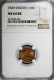 SWEDEN Oscar I Copper 1849 1/6 Skilling Mintage-536,544 NGC MS64 RB KM# 656