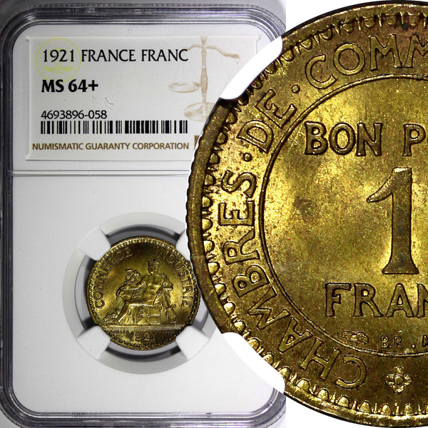 France Aluminum-Bronze 1921 1 Franc NGC MS64+  Chamber of Commerce KM# 876 (58)