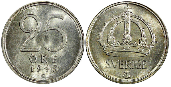 Sweden Gustaf V Silver 1943 G 25 Öre 1stYear Type GEM BU COIN KM# 816 (22 030)