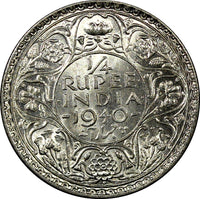 India-British George VI Silver 1940 (B) 1/4 Rupee Bombay UNC KM# 545 (22 322)