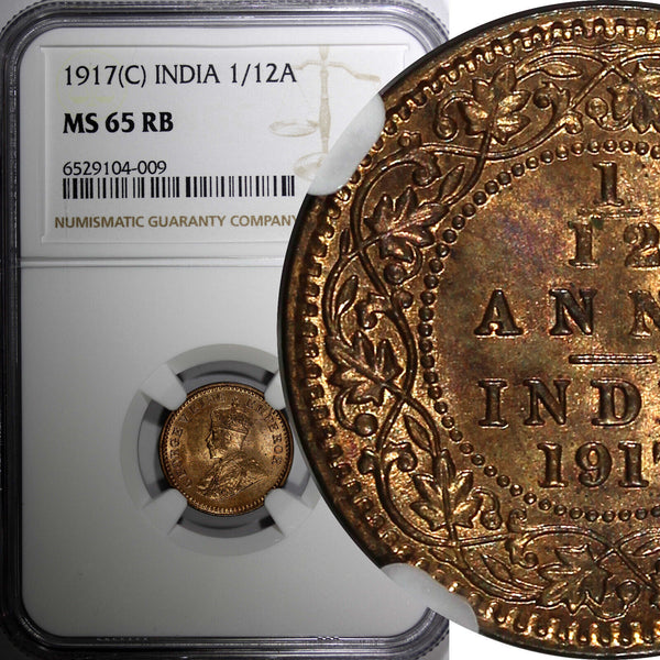 India-British George V Bronze 1917 (C) 1/12 Anna NGC MS65 RB KM#509 (009)