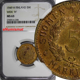 Finland Brass 1949-H 5 Markkaa NGC MS63 VARIETY - WIDE "H" KM# 31a (208)