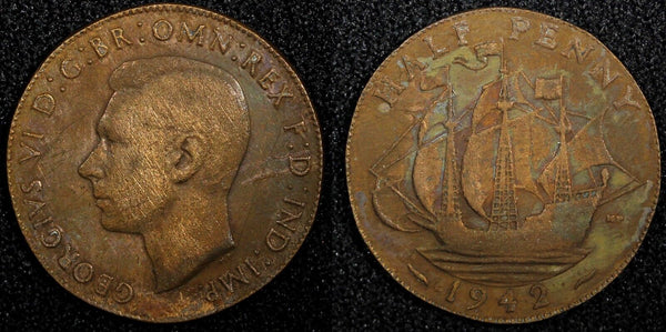 Great Britain George VI Bronze 1942 1/2 Penny  KM# 844 (24 229)
