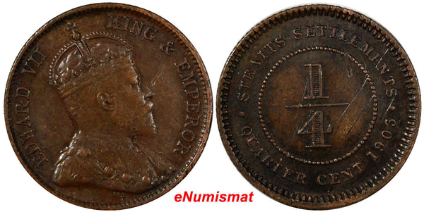 STRAITS SETTLEMENTS Bronze Edward VII 1905 1/4 Cent  SCARCE KM# 17 (3683)