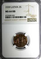 LATVIA Bronze 1939 2 Santimi NGC MS64 RB 1 YEAR TYPE Mint Luster KM# 11.2