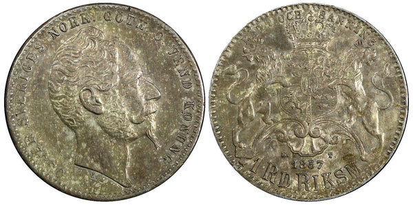 Sweden Oscar I Silver 1857 ST 1 Riksdaler Riksmynt Long Goatee aUNC KM# 693(820)