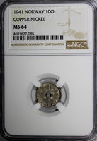 Norway Haakon VII Copper-Nickel 1941 10 Ore NGC MS64 WWII Issue KM# 383 (085)