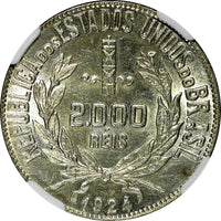 Brazil Silver 1924 2000 Reis NGC AU55 1st Date Type KM# 526 (009)
