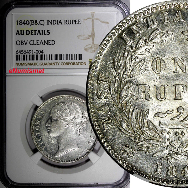 India-British Victoria Silver 1840 B&C Rupee NGC AU DETAILS  KM458.2 (4)