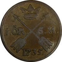 SWEDEN Frederick I (1720-1751) Copper 1735 S.M. 1 Ore KM# 416.1 (17 462)