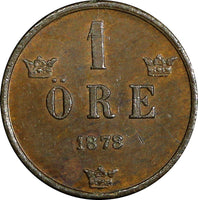 Sweden Oscar II Bronze 1878 1 Öre Large letters aUNC KM# 745 (21 927)