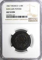 Mexico FIRST REPUBLIC 1867 1/4 Real SAN LUIS POTOSI NGC AU53 BN SCARCE KM# 361
