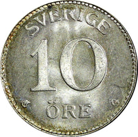 Sweden Gustaf V (1907-1950) Silver 1942 G 10 Öre Last Year GEM BU KM# 780 (078)