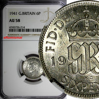 GREAT BRITAIN George VI Silver 1941 6 Pence NGC AU58  KM# 852 (214)