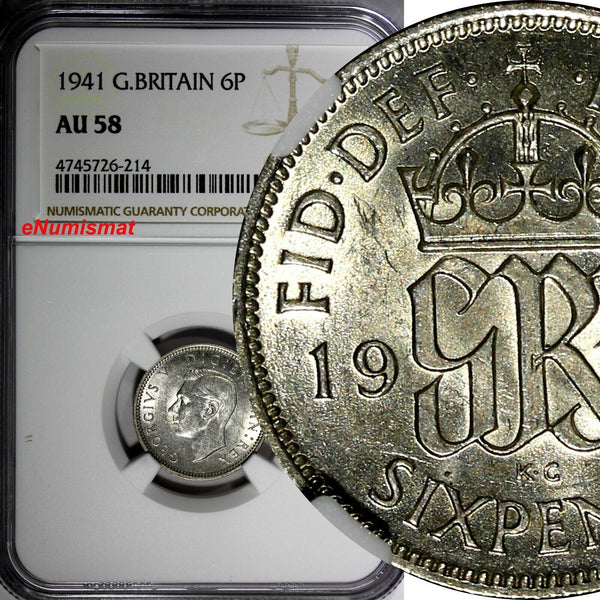 GREAT BRITAIN George VI Silver 1941 6 Pence NGC AU58  KM# 852 (214)