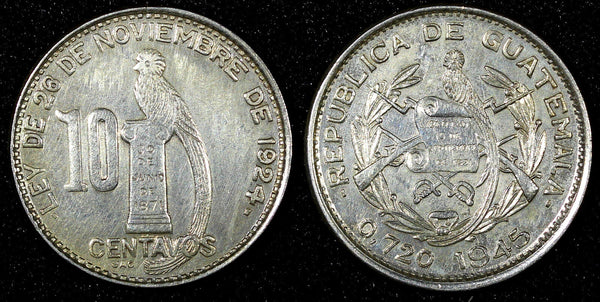 GUATEMALA Silver 1945 10 Centavos Guatemala City Mint KM# 239.1 (22 751)