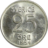 Sweden Gustaf VI Silver 1954 TS 25 Öre GEM BU COIN KM# 824 (22 014)