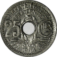 France Nickel 1914 25 Centimes "MES" 1st Year Type KM# 867 (19 948)