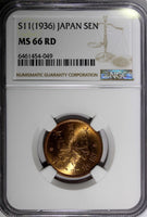 JAPAN Bronze SHOWA S11 (1936) 1 Sen NGC MS66 RD FULL RED TOP GRADED Y# 47 (049)