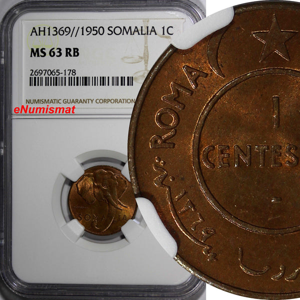 Somalia Copper AH1369   1950 1 Centesimo NGC MS63 RB African Elephant KM# 1 (8)