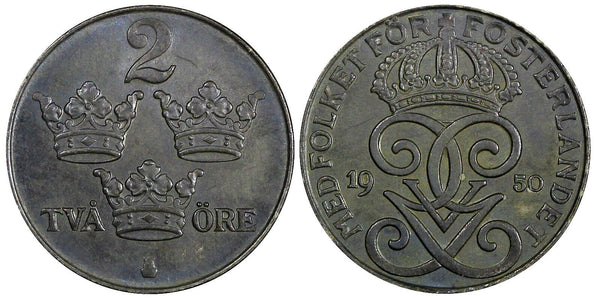 Sweden Gustaf V Iron 1950 2 Öre Last Year Type Unc KM# 811 (855)