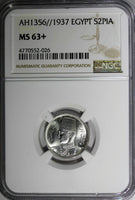 EGYPT Farouk Silver AH1356//1937 2 Piastres NGC MS63+PLUS Mint-500,000 KM#365(6)