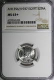 EGYPT Farouk Silver AH1356//1937 2 Piastres NGC MS63+PLUS Mint-500,000 KM#365(6)