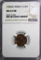 India-British George V Bronze 1920 (C) 1/12 Anna NGC MS63 RB KM# 509 (056)