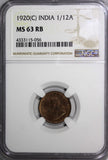 India-British George V Bronze 1920 (C) 1/12 Anna NGC MS63 RB KM# 509 (056)