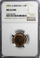 Great Britain George V Bronze 1931 Farthing NGC MS63 BN  S-4061 KM825