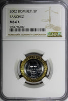 Dominican Republic Sánchez 2002 5 Pesos Magnetic NGC MS67 TOP GRADED KM# 89 (7)