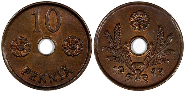 Finland Copper 1943 10 Penniä WWII Issue Choice Unc KM# 33.1  (20 876)