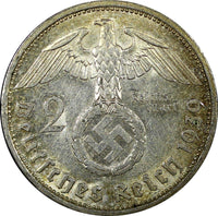 Germany - Third Reich Silver 1939 A 2 Reichs Mark Hindenburg KM# 93 (22 329)