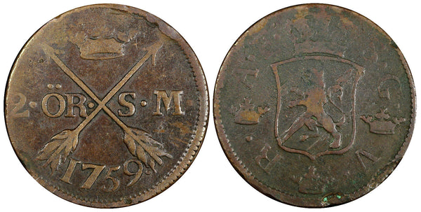 SWEDEN COPPER Adolf Frederick 1759 2 Ore,S.M Low Mintage352,000 SCARCE KM461 (6)