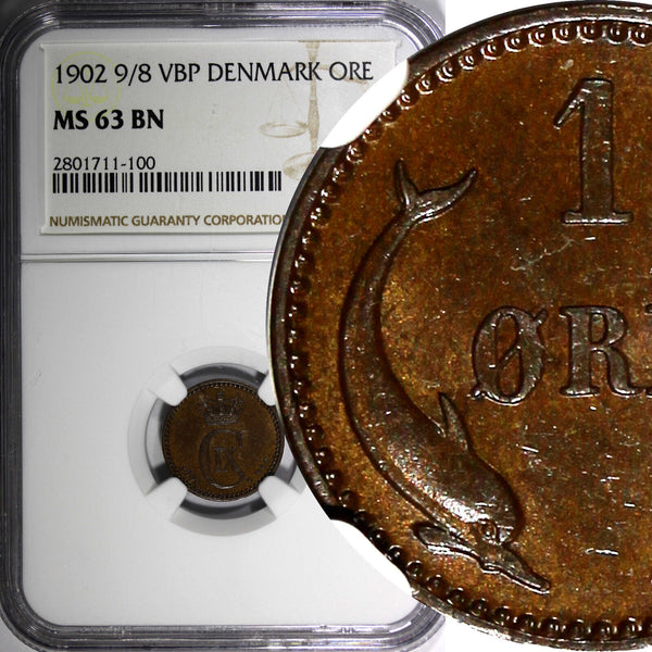 Denmark Christian IX 1902 9/8 VBP 1 Ore NGC MS63 BN Overdate KM# 792.2 (100)