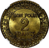 France Aluminum-Bronze 1923 2 Francs NGC MS64 French Chamber KM# 877 (033)