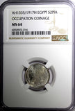 Egypt Occupation Coinage Silver AH1335/1917 H 2 Piastres NGC MS64 KM# 317.2 (16)