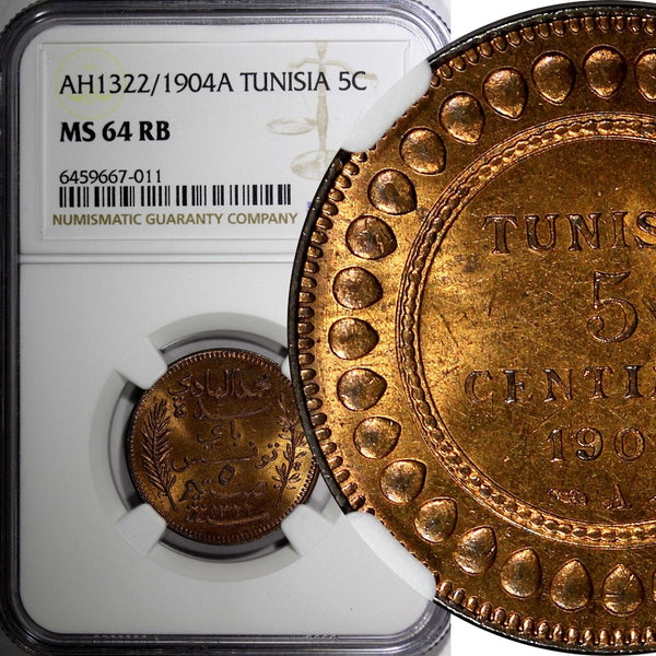 Tunisia Muhammad IV Bronze AH1322//1904 A 5 Centimes NGC MS64 RB KM# 228 (011)