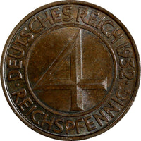 Germany, Weimar Republic Bronze 1932 A 4 Reichspfennig KM# 75 (18 719)