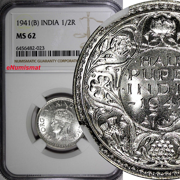 India-British George VI Silver 1941 (B) 1/2 Rupee Bombay NGC MS62 KM# 551 (023)
