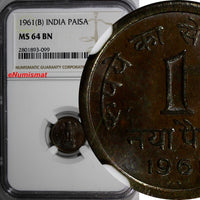 India-Republic Naya Bronze 1961 B 1 Paisa NGC MS64 BN KM# 8 (099)