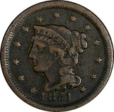 US Copper 1851 Braided Hair Large Cent 1C (13 709)