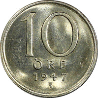 Sweden Gustaf V (1907-1950) Silver 1947 10 Öre UNC KM# 813 (22 064)