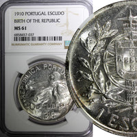 Portugal Silver 1910 Escudo NGC MS61 Birth of the Republic 37mm KM# 560 (7)