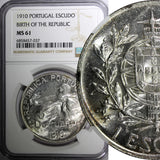 Portugal Silver 1910 Escudo NGC MS61 Birth of the Republic 37mm KM# 560 (7)