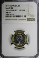 Dominican Republic Sánchez 2010 5 Pesos Magnetic NGC MS66 Poland Mint KM# 89(2)