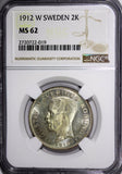SWEDEN Gustaf V Silver 1912 W 2 Kronor NGC MS62 TOP GRADED  RARE  KM# 787 (019)